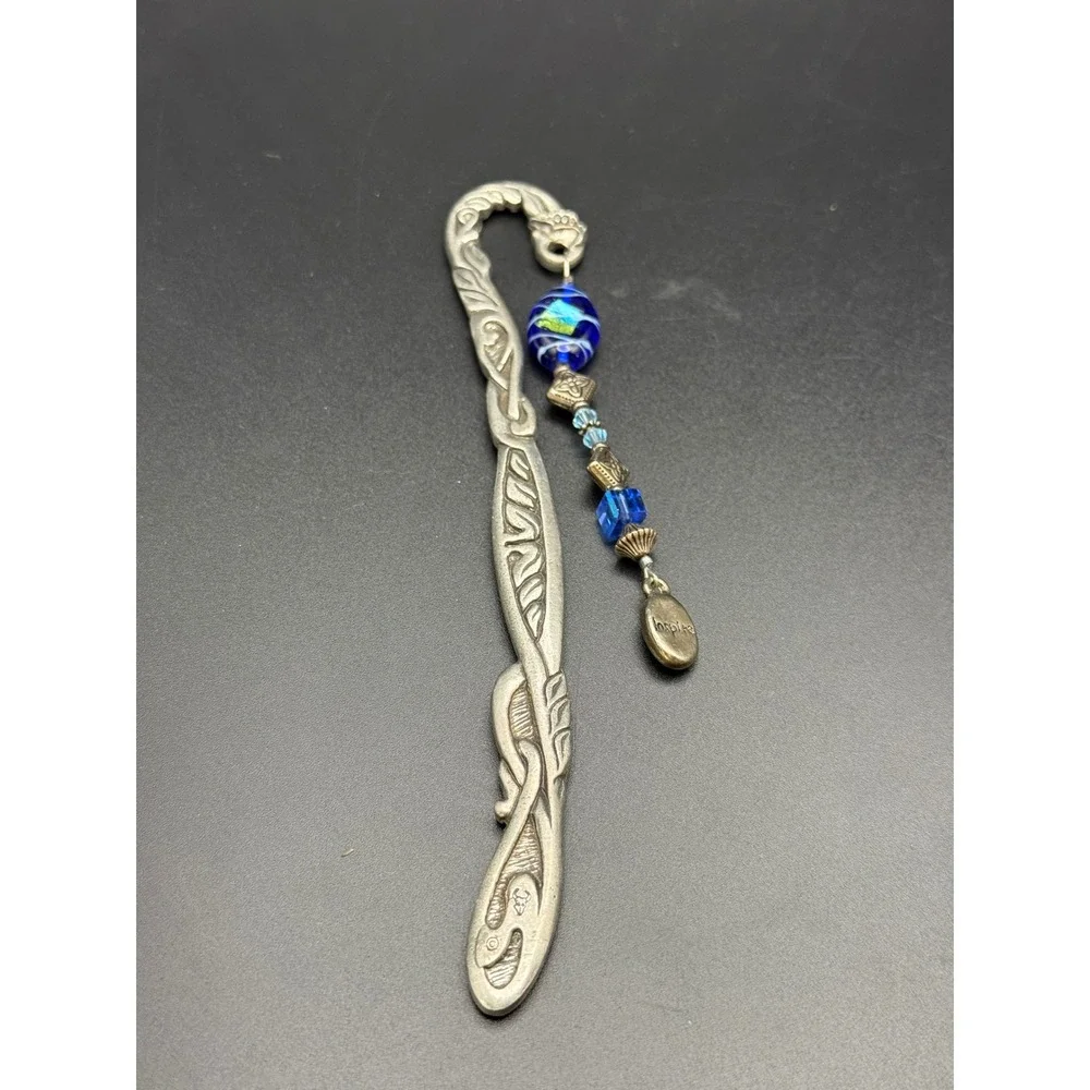 Silver Tone Celtic Scroll Shepherd Hook Bookmark Blue Glass Bead Inspire Charm